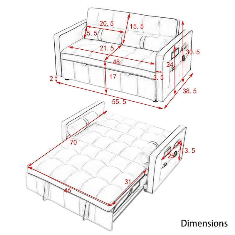 Canapé-lit réglable moderne de 55,5 cm en velours avec poches latérales
