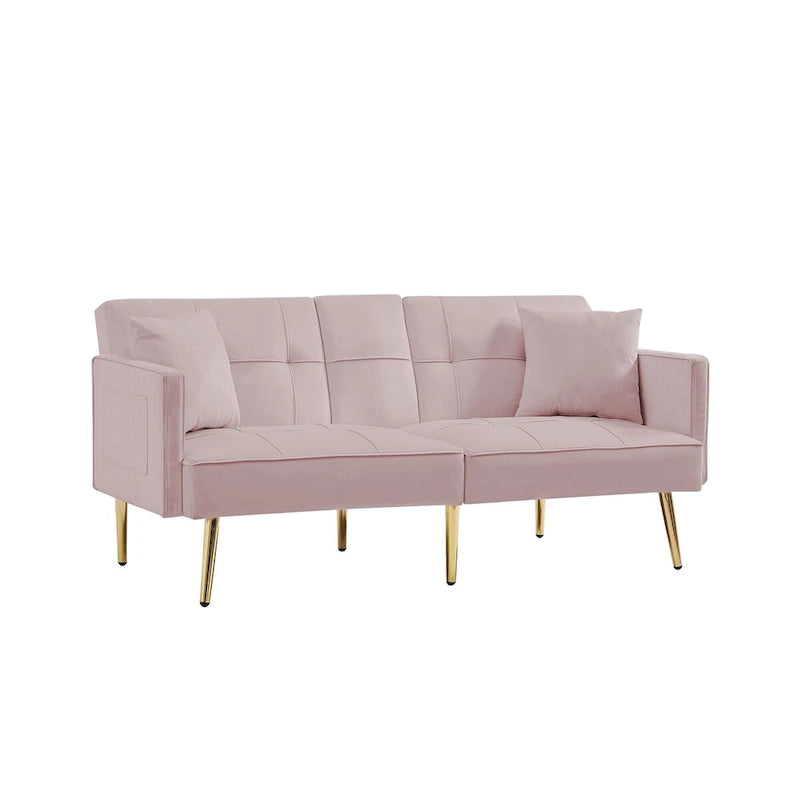Canapé-lit en velours rose, convertible, positions réglables, accoudoir central