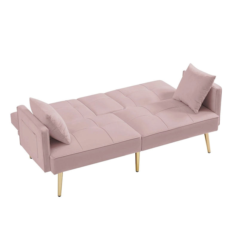 Canapé-lit en velours rose, convertible, positions réglables, accoudoir central