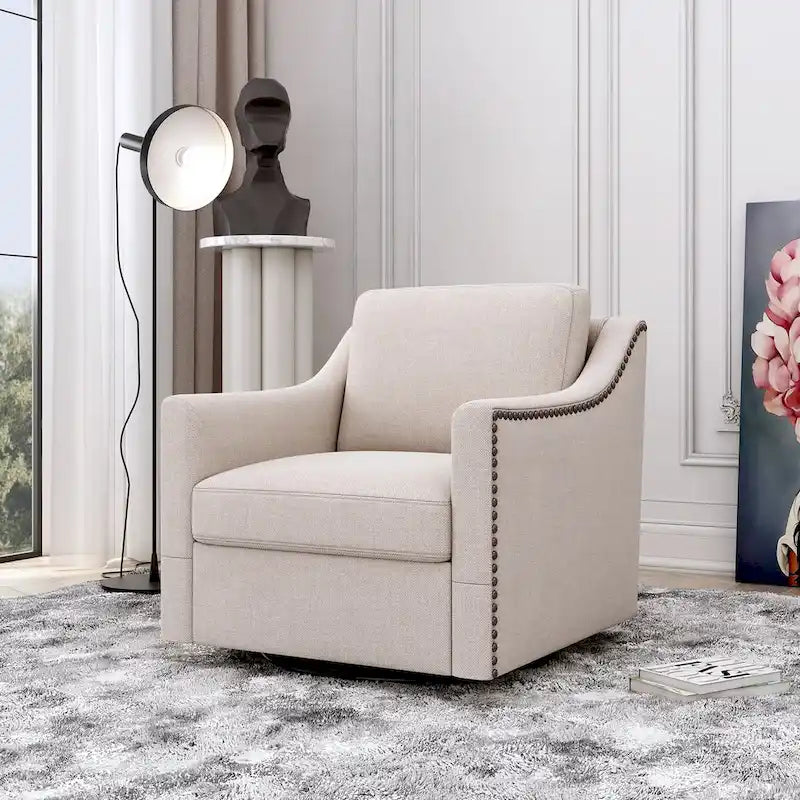 Fauteuil d'appoint pivotant à 360 degrés en mélange de lin gris moderne, velours doux, ergonomique, avec pieds noirs pour intérieur et maison