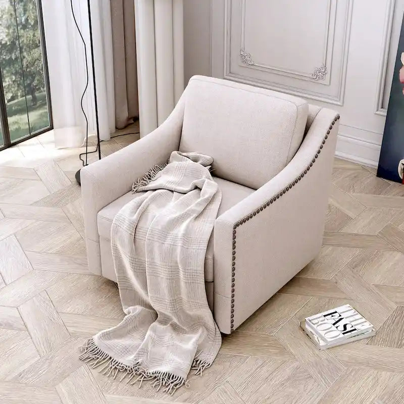 Fauteuil d'appoint pivotant à 360 degrés en mélange de lin gris moderne, velours doux, ergonomique, avec pieds noirs pour intérieur et maison