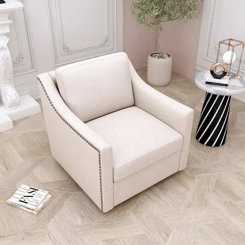 Fauteuil d'appoint pivotant à 360 degrés en mélange de lin gris moderne, velours doux, ergonomique, avec pieds noirs pour intérieur et maison