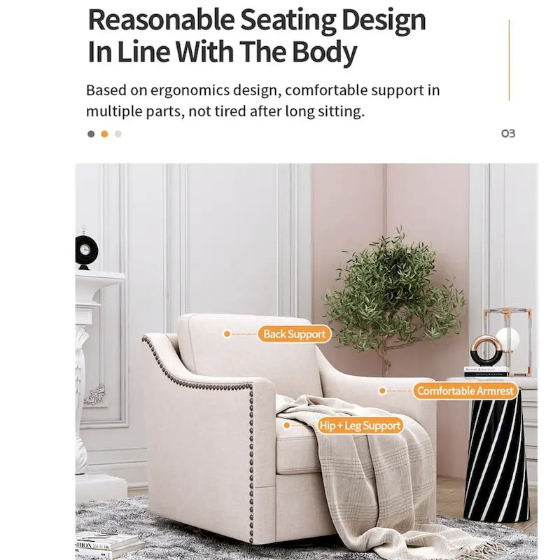 Fauteuil d'appoint pivotant à 360 degrés en mélange de lin gris moderne, velours doux, ergonomique, avec pieds noirs pour intérieur et maison
