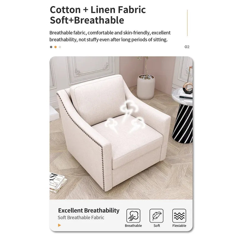 Fauteuil d'appoint pivotant à 360 degrés en mélange de lin gris moderne, velours doux, ergonomique, avec pieds noirs pour intérieur et maison