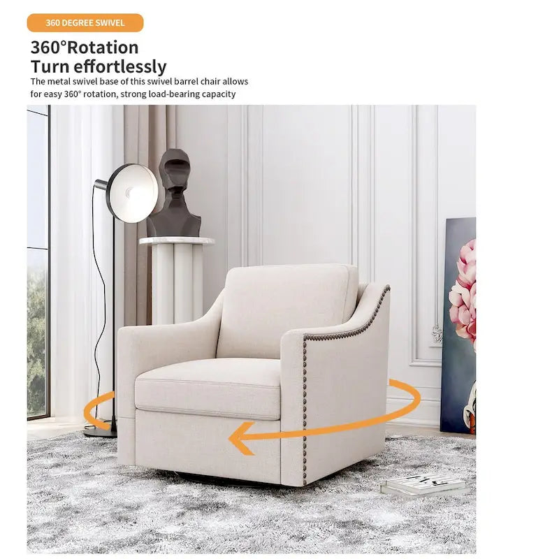 Fauteuil d'appoint pivotant à 360 degrés en mélange de lin gris moderne, velours doux, ergonomique, avec pieds noirs pour intérieur et maison