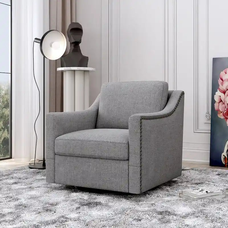 Fauteuil d'appoint pivotant à 360 degrés en mélange de lin gris moderne, velours doux, ergonomique, avec pieds noirs pour intérieur et maison