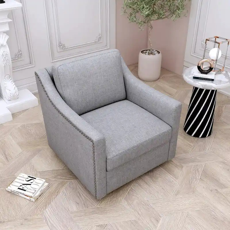 Fauteuil d'appoint pivotant à 360 degrés en mélange de lin gris moderne, velours doux, ergonomique, avec pieds noirs pour intérieur et maison