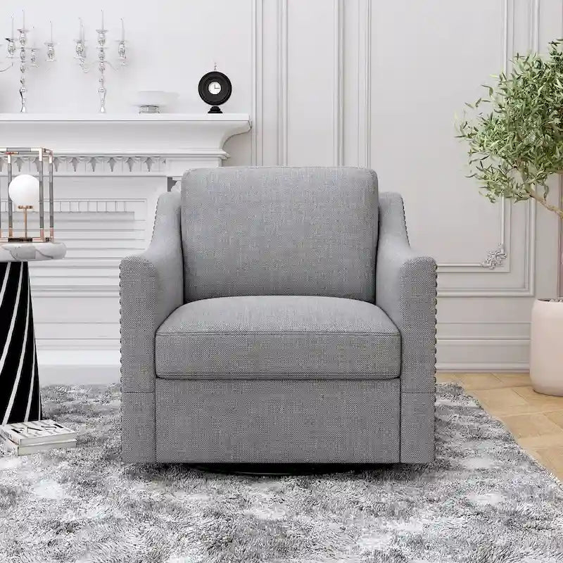 Fauteuil d'appoint pivotant à 360 degrés en mélange de lin gris moderne, velours doux, ergonomique, avec pieds noirs pour intérieur et maison