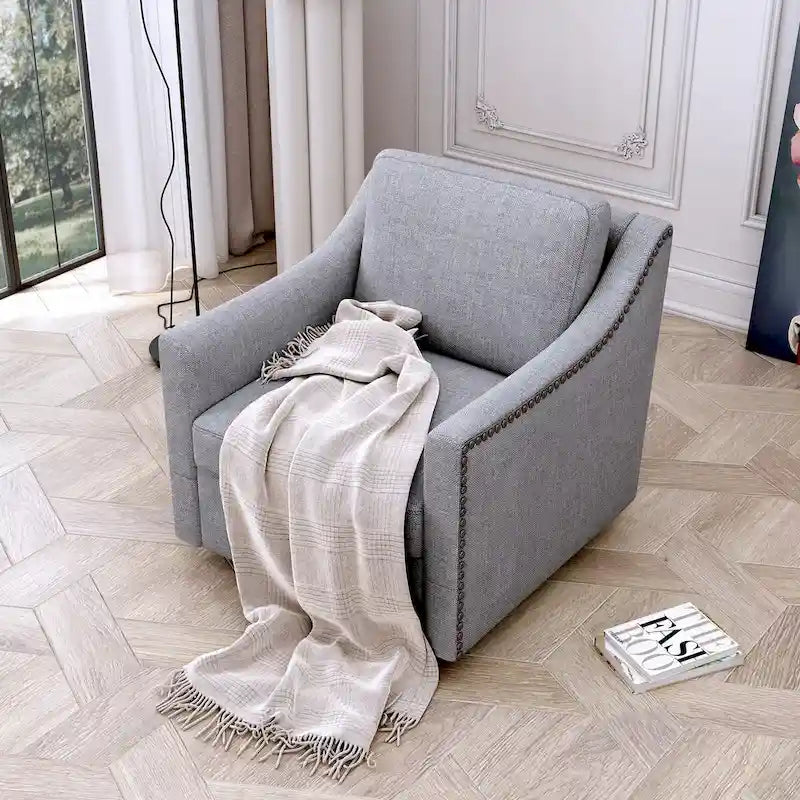 Fauteuil d'appoint pivotant à 360 degrés en mélange de lin gris moderne, velours doux, ergonomique, avec pieds noirs pour intérieur et maison