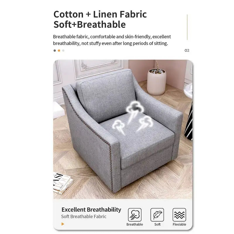 Fauteuil d'appoint pivotant à 360 degrés en mélange de lin gris moderne, velours doux, ergonomique, avec pieds noirs pour intérieur et maison