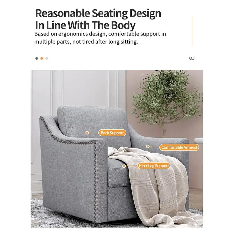Fauteuil d'appoint pivotant à 360 degrés en mélange de lin gris moderne, velours doux, ergonomique, avec pieds noirs pour intérieur et maison