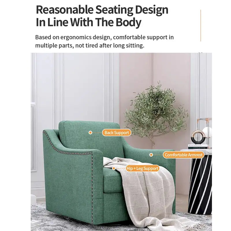 Fauteuil d'appoint pivotant à 360 degrés en mélange de lin gris moderne, velours doux, ergonomique, avec pieds noirs pour intérieur et maison