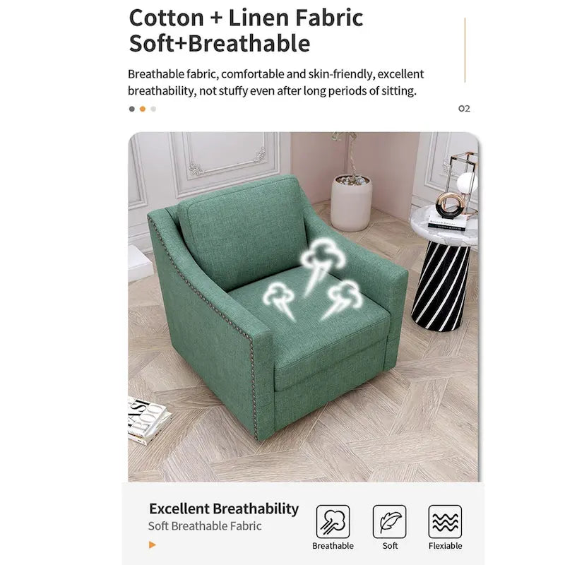 Fauteuil d'appoint pivotant à 360 degrés en mélange de lin gris moderne, velours doux, ergonomique, avec pieds noirs pour intérieur et maison