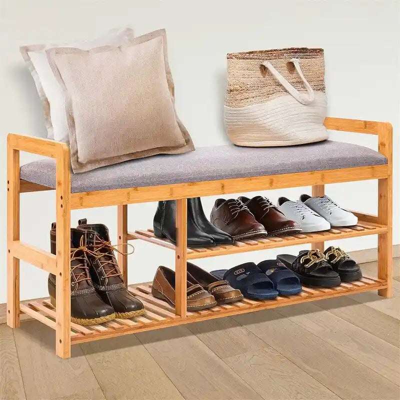 Banc-étagère à chaussures en bambou 2 en 1 - 40P x 20L x 13H