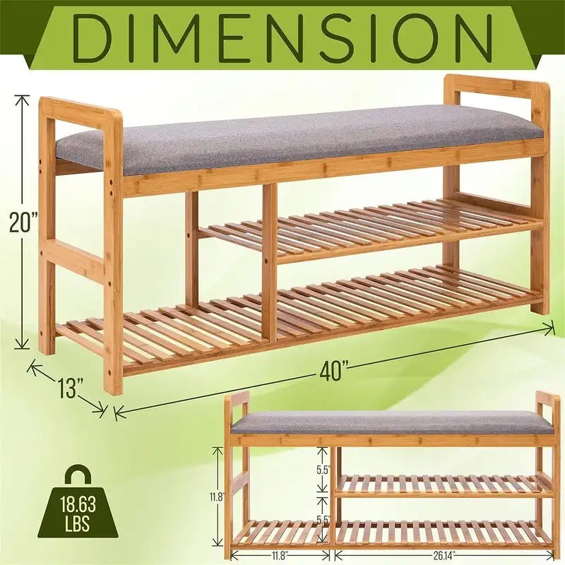Banc-étagère à chaussures en bambou 2 en 1 - 40P x 20L x 13H