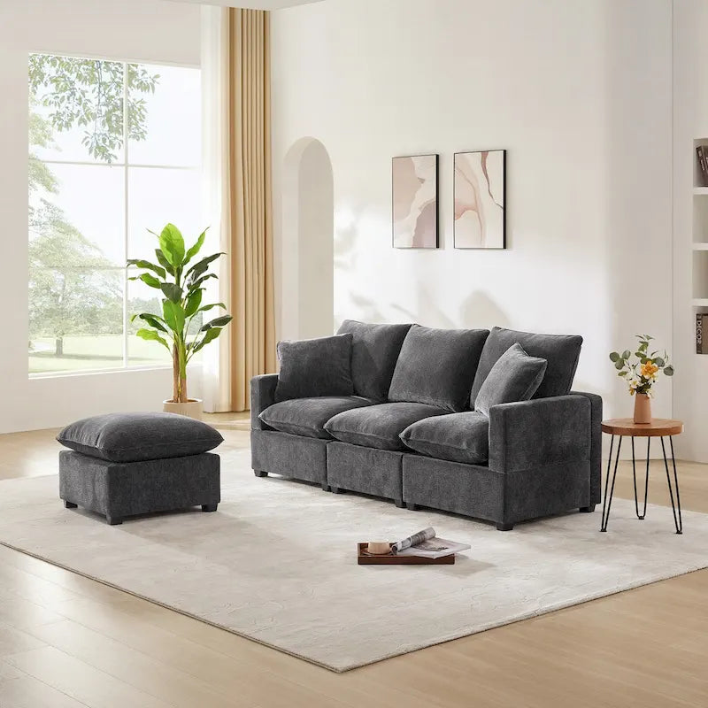 Canapé modulaire moderne 84"*57", sectionnel 4 places en chenille avec 2 oreillers inclus, meuble d'intérieur librement combinable