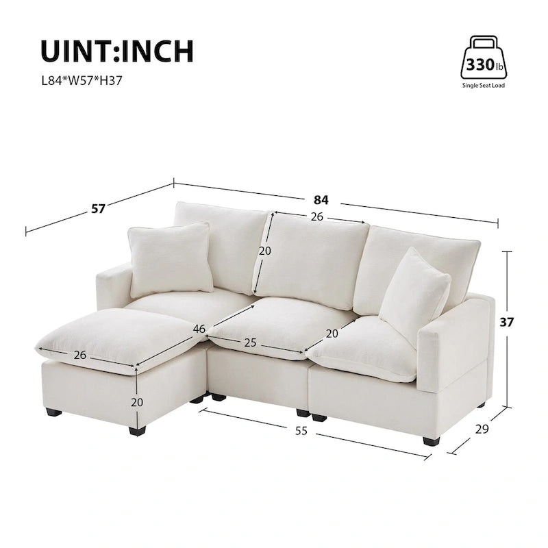Canapé modulaire moderne 84"*57", sectionnel 4 places en chenille avec 2 oreillers inclus, meuble d'intérieur librement combinable