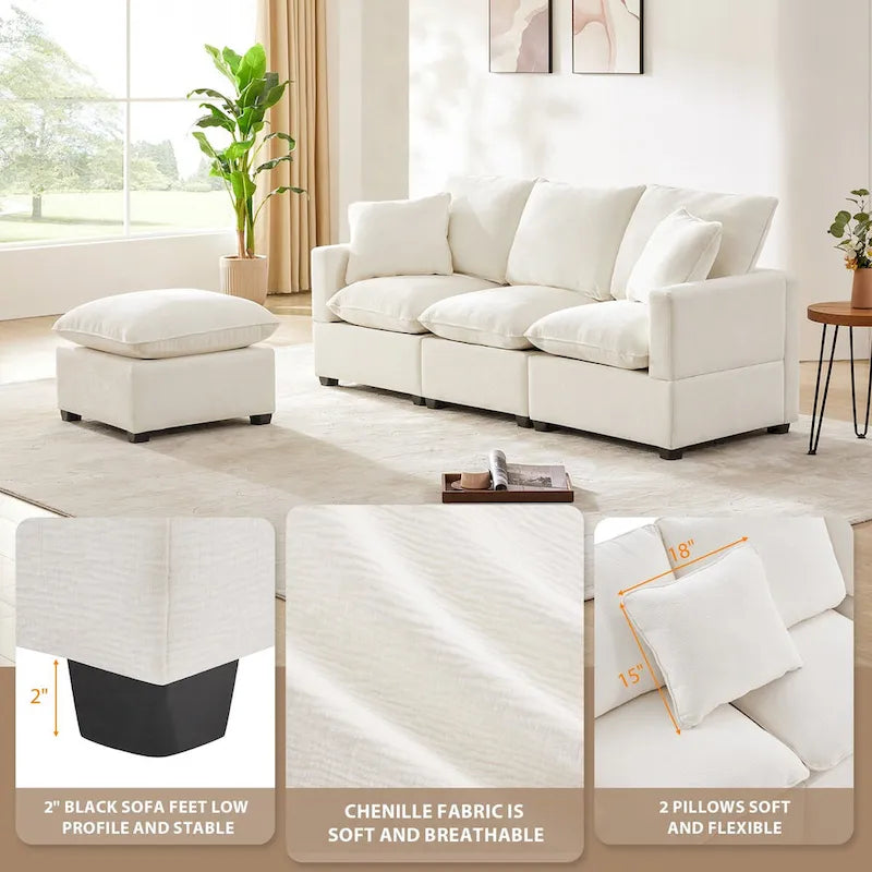 Canapé modulaire moderne 84"*57", sectionnel 4 places en chenille avec 2 oreillers inclus, meuble d'intérieur librement combinable