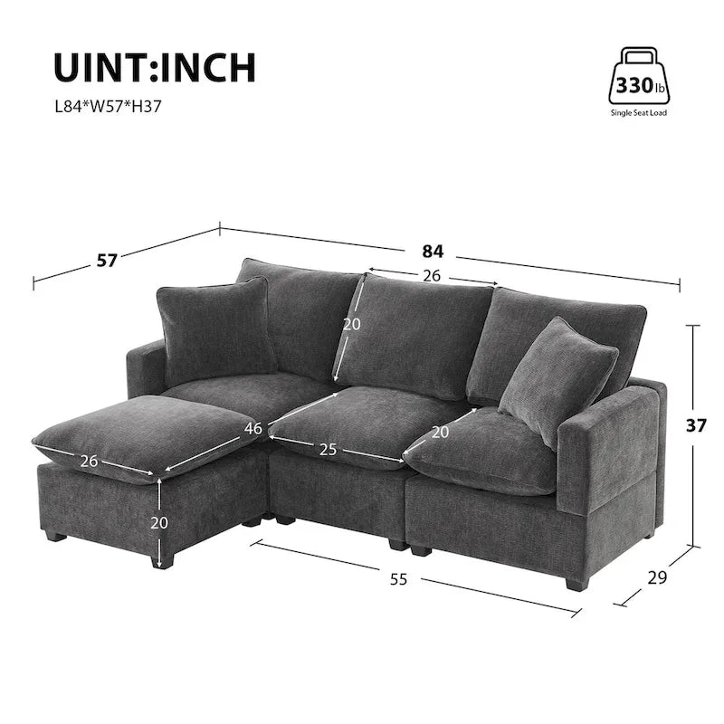 Canapé modulaire moderne 84"*57", sectionnel 4 places en chenille avec 2 oreillers inclus, meuble d'intérieur librement combinable