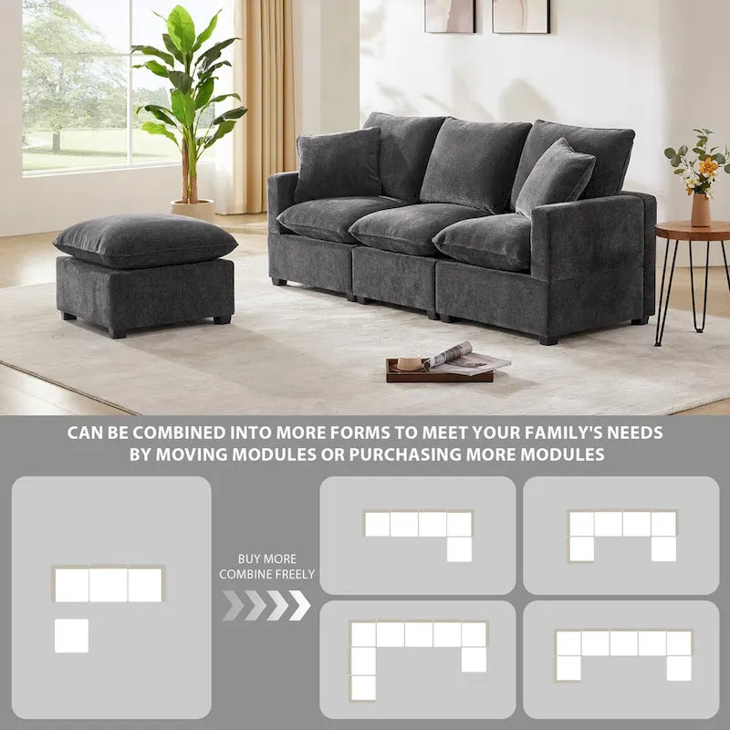 Canapé modulaire moderne 84"*57", sectionnel 4 places en chenille avec 2 oreillers inclus, meuble d'intérieur librement combinable