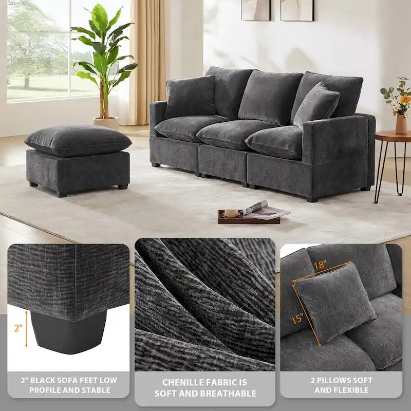 Canapé modulaire moderne 84"*57", sectionnel 4 places en chenille avec 2 oreillers inclus, meuble d'intérieur librement combinable