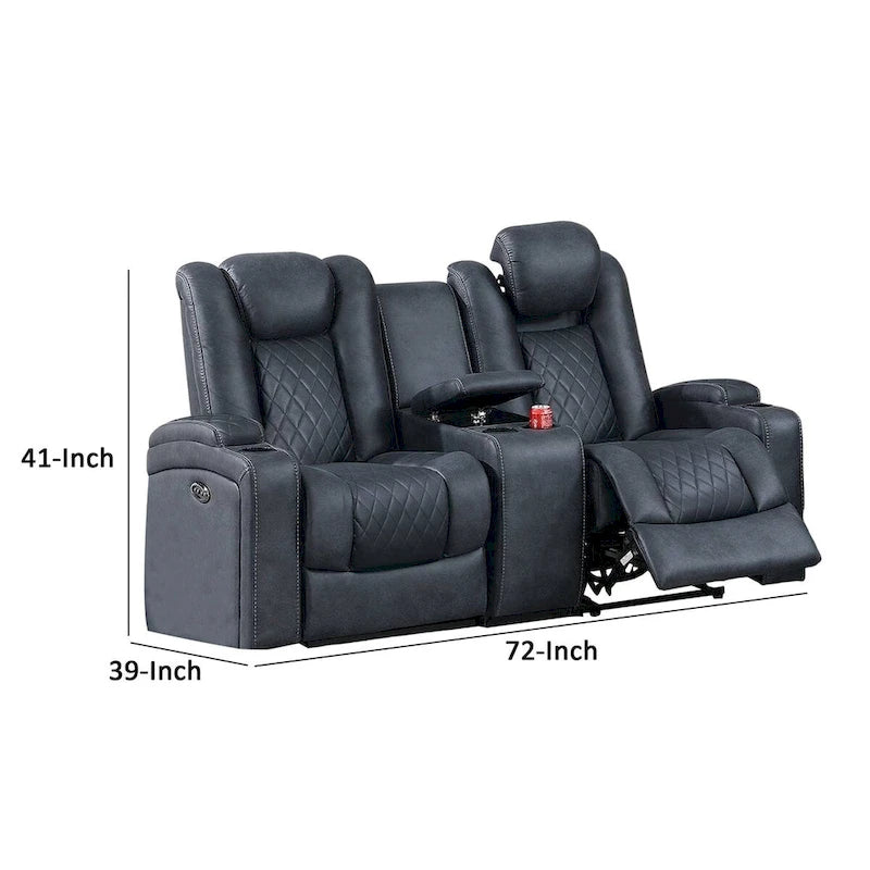 Causeuse inclinable motorisée Elva de 72 po, console de rangement avec dessus relevable, bleue