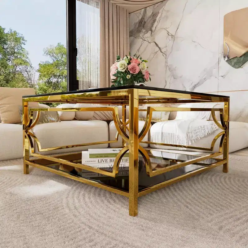 Table basse carrée Merax avec plateau en verre noir ou transparent et étagère de présentation à deux niveaux