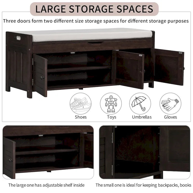 Banc de rangement avec 3 portes persiennes, banc à chaussures avec coussin amovible et espace de rangement caché