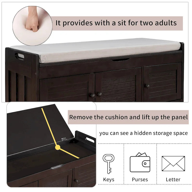 Banc de rangement avec 3 portes persiennes, banc à chaussures avec coussin amovible et espace de rangement caché