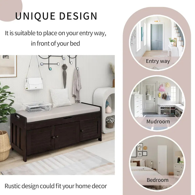 Banc de rangement avec 3 portes persiennes, banc à chaussures avec coussin amovible et espace de rangement caché
