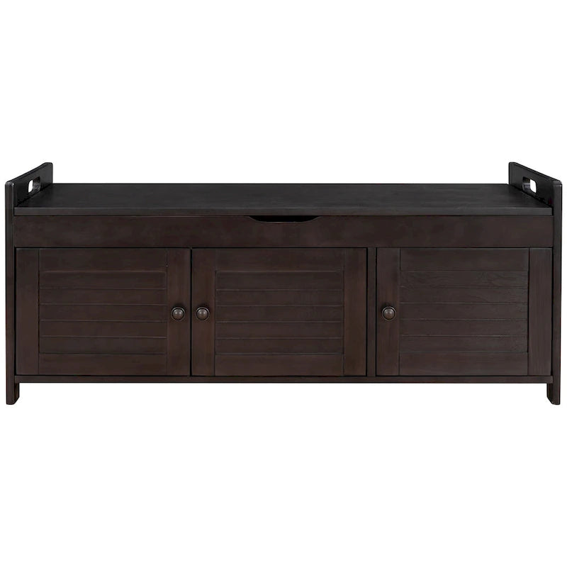 Banc de rangement avec 3 portes persiennes, banc à chaussures avec coussin amovible et espace de rangement caché