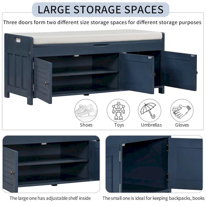 Banc de rangement avec 3 portes persiennes, banc à chaussures avec coussin amovible et espace de rangement caché