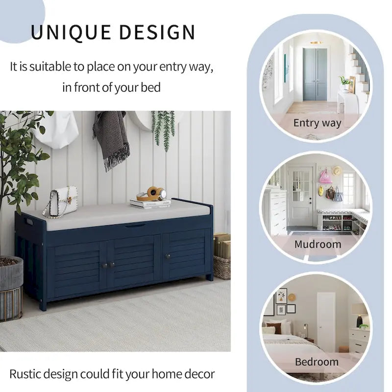 Banc de rangement avec 3 portes persiennes, banc à chaussures avec coussin amovible et espace de rangement caché