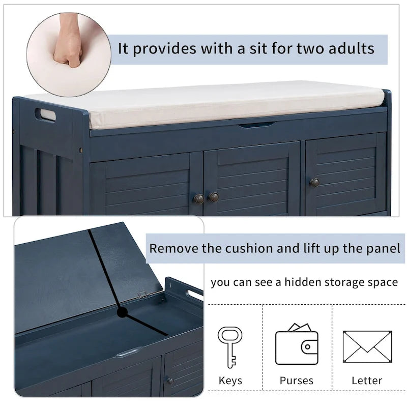 Banc de rangement avec 3 portes persiennes, banc à chaussures avec coussin amovible et espace de rangement caché