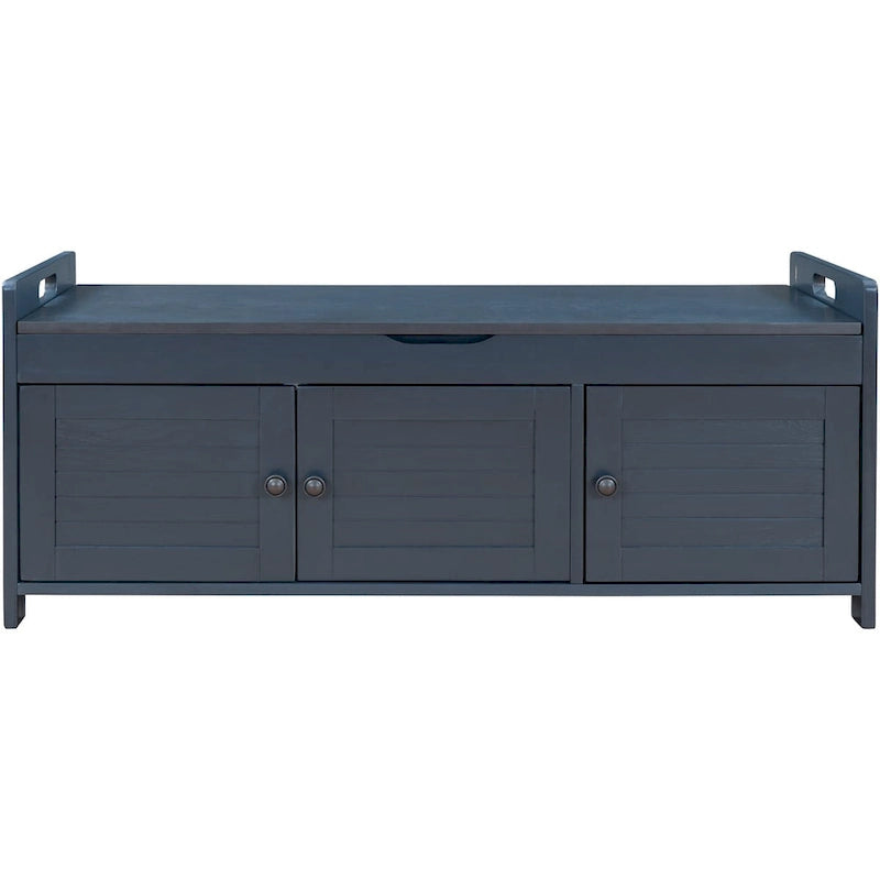 Banc de rangement avec 3 portes persiennes, banc à chaussures avec coussin amovible et espace de rangement caché
