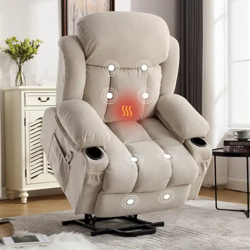 Fauteuil inclinable électrique en tissu avec massage et chaleur pour personnes âgées, avec ports USB, porte-gobelets et poches latérales
