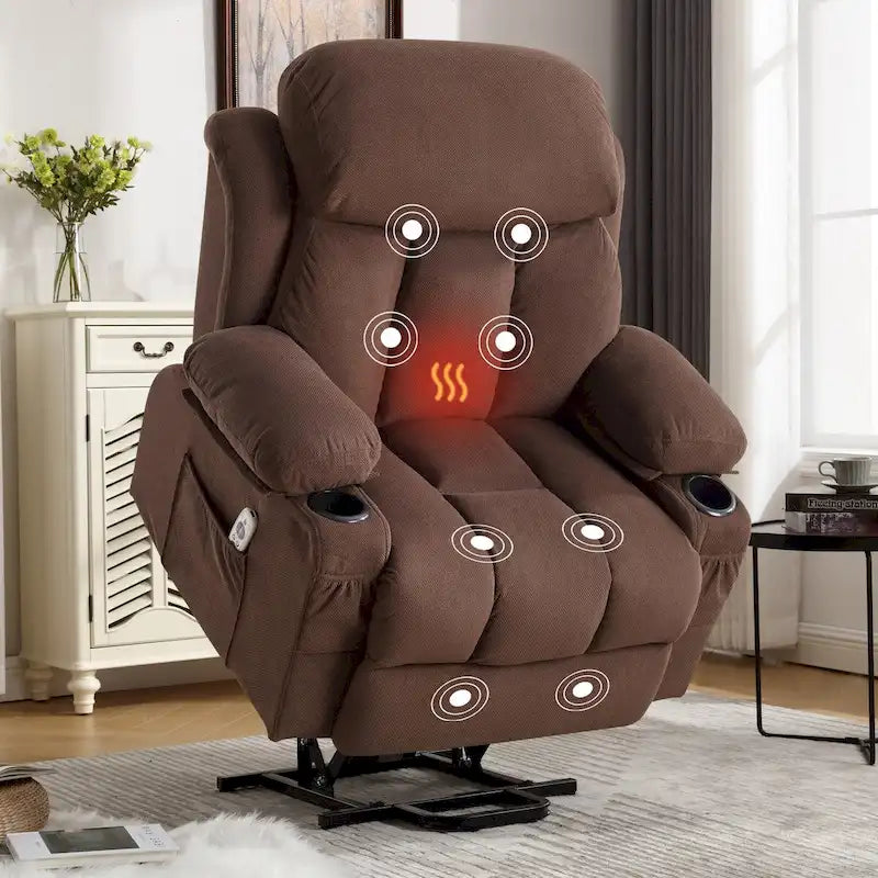 Fauteuil inclinable électrique en tissu avec massage et chaleur pour personnes âgées, avec ports USB, porte-gobelets et poches latérales
