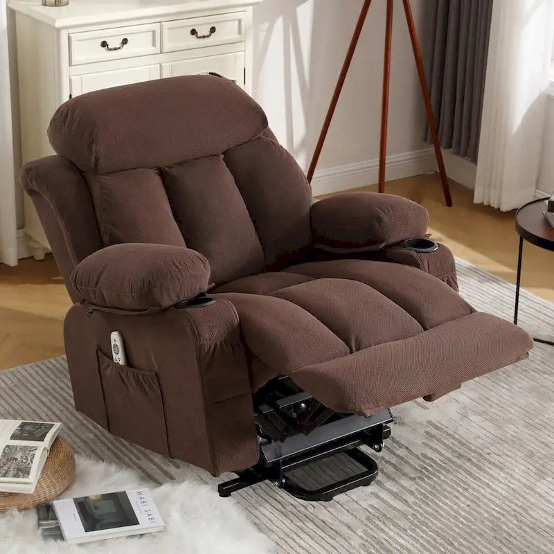 Fauteuil inclinable électrique en tissu avec massage et chaleur pour personnes âgées, avec ports USB, porte-gobelets et poches latérales