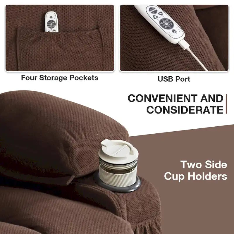 Fauteuil inclinable électrique en tissu avec massage et chaleur pour personnes âgées, avec ports USB, porte-gobelets et poches latérales