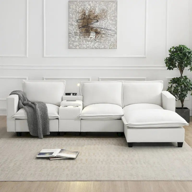 Canapé d'angle en chenille avec port USB et accoudoirs carrés, style moderne du milieu du siècle - 109 x 57