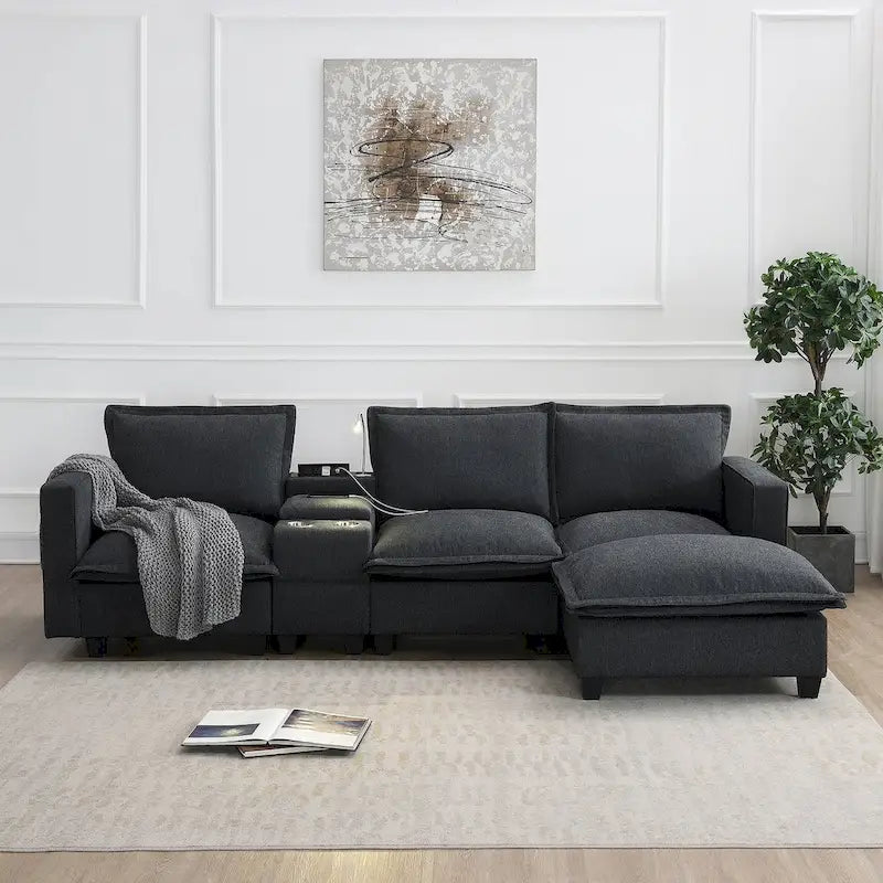 Canapé d'angle en chenille avec port USB et accoudoirs carrés, style moderne du milieu du siècle - 109 x 57