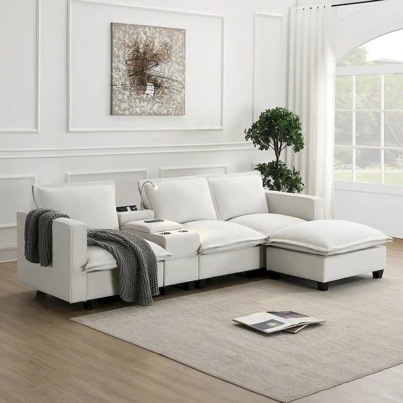 Canapé d'angle en chenille avec port USB et accoudoirs carrés, style moderne du milieu du siècle - 109 x 57