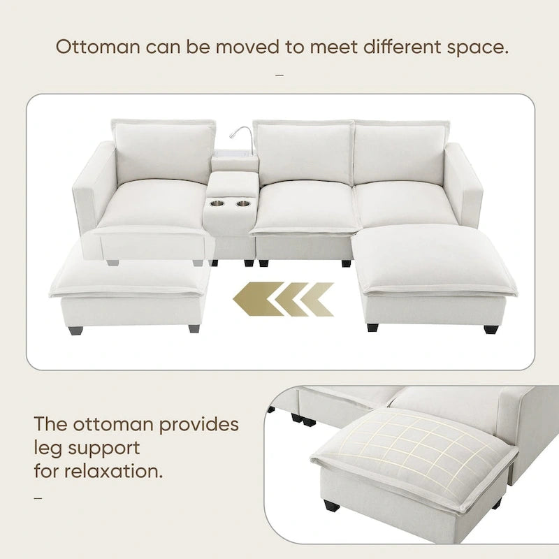 Canapé d'angle en chenille avec port USB et accoudoirs carrés, style moderne du milieu du siècle - 109 x 57