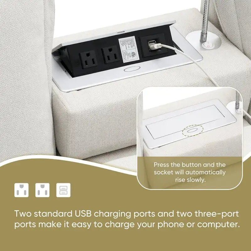 Canapé d'angle en chenille avec port USB et accoudoirs carrés, style moderne du milieu du siècle - 109 x 57
