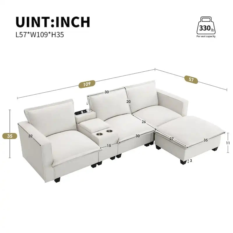 Canapé d'angle en chenille avec port USB et accoudoirs carrés, style moderne du milieu du siècle - 109 x 57