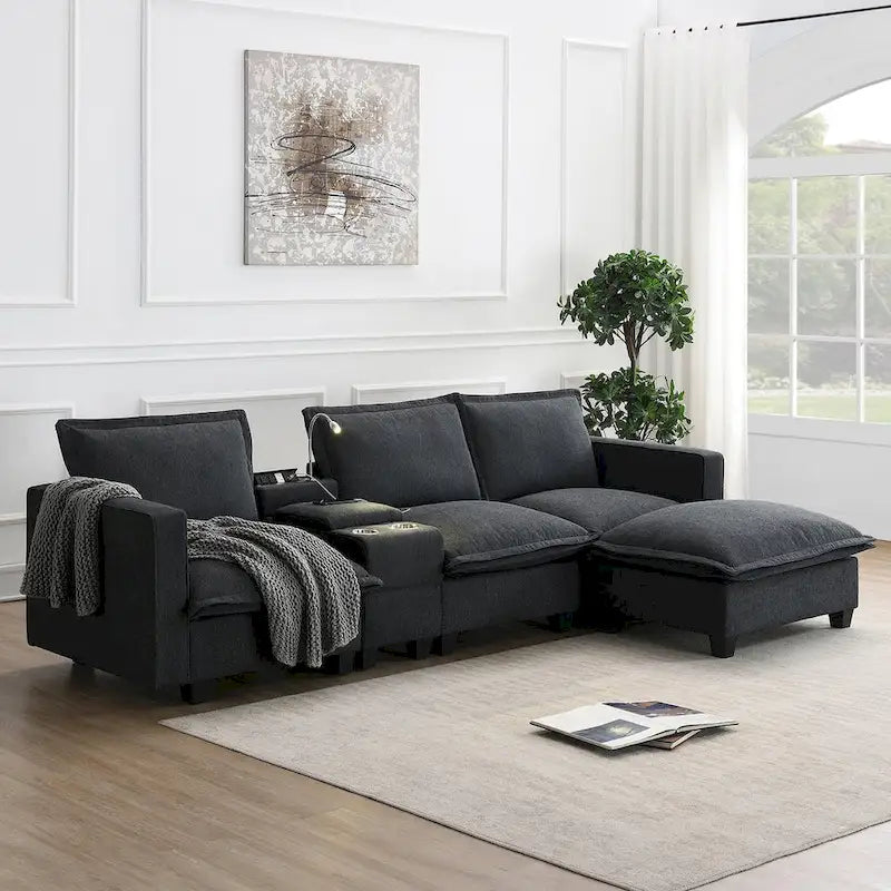 Canapé d'angle en chenille avec port USB et accoudoirs carrés, style moderne du milieu du siècle - 109 x 57
