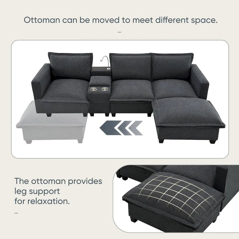 Canapé d'angle en chenille avec port USB et accoudoirs carrés, style moderne du milieu du siècle - 109 x 57