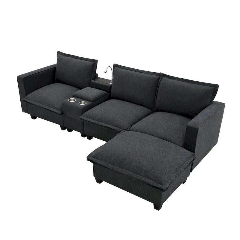 Canapé d'angle en chenille avec port USB et accoudoirs carrés, style moderne du milieu du siècle - 109 x 57