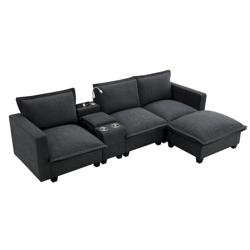 Canapé d'angle en chenille avec port USB et accoudoirs carrés, style moderne du milieu du siècle - 109 x 57