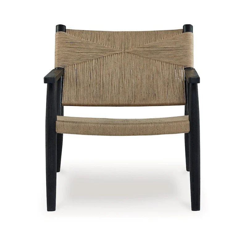 Fauteuil d'appoint, jute marron naturel, assise incurvée, structure en bois noir moderne